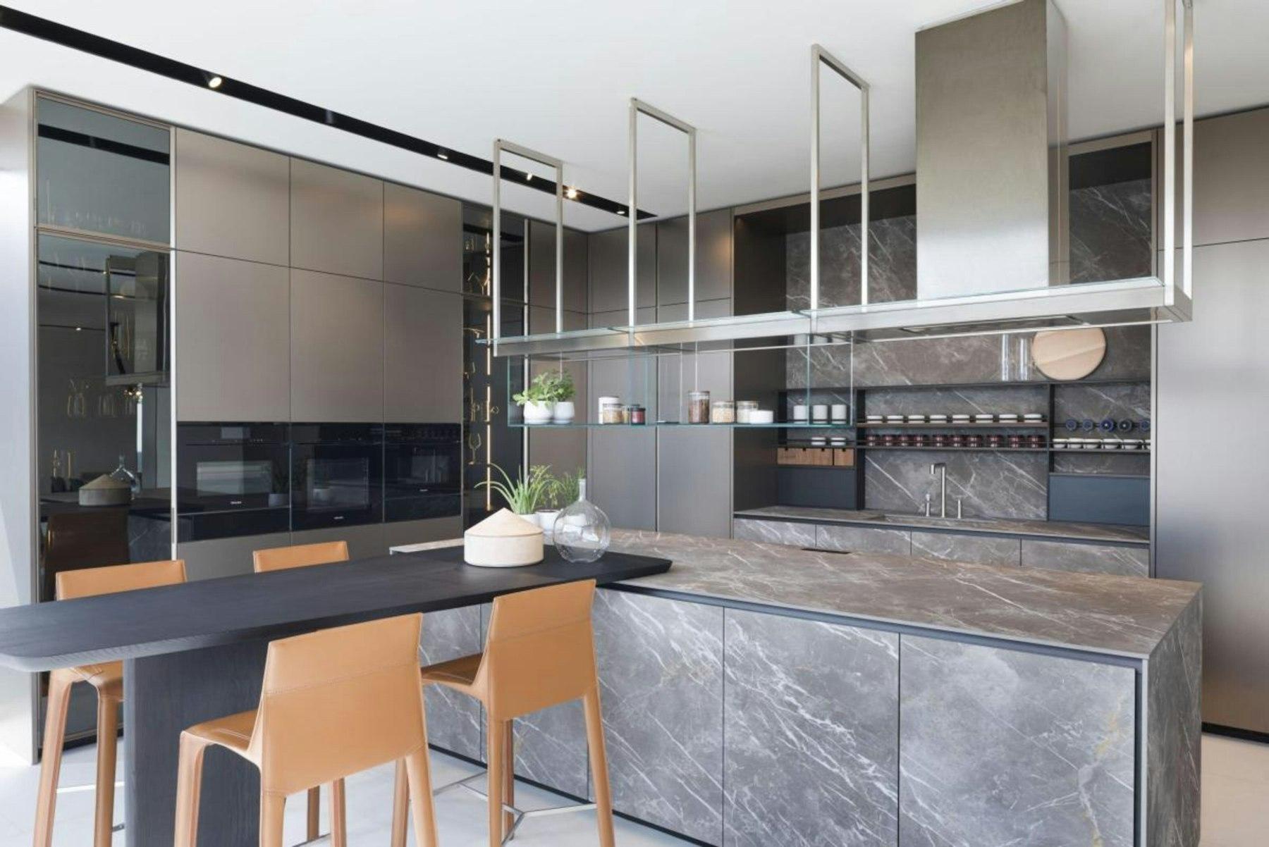 Modular kitchen with marble island in a Sobha One World apartment
