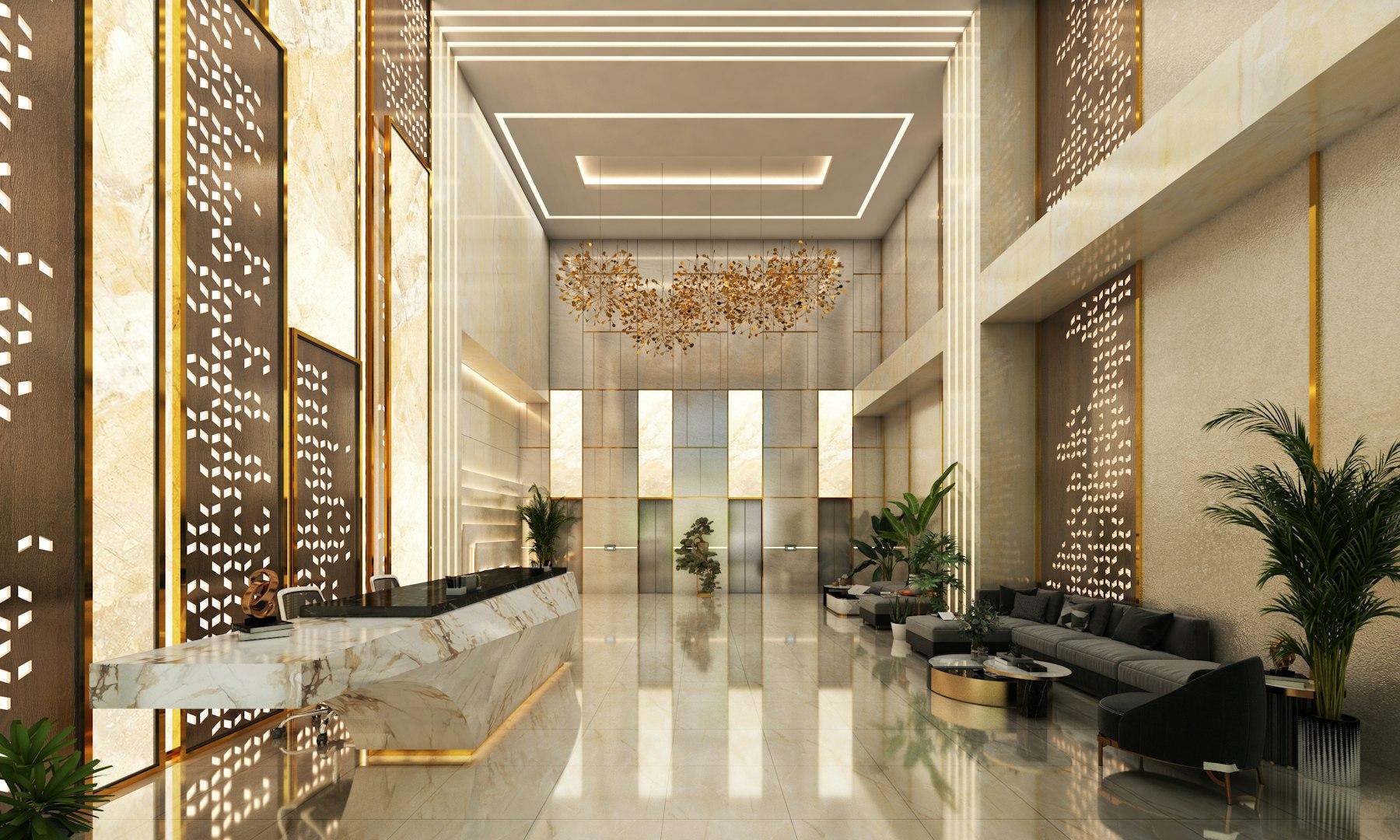 Grand residential lobby with marble finishes at Sobha One World
